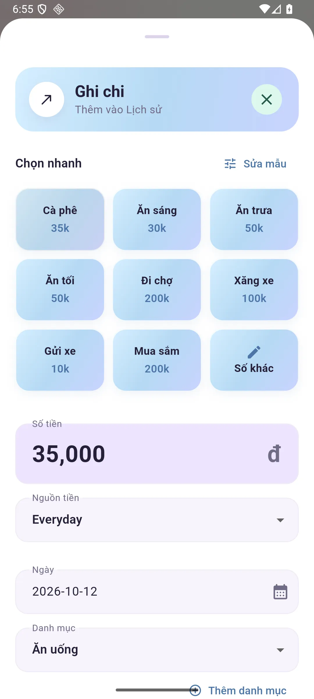 Actual Vinha expense-entry form showing quick presets and a 35,000 đồng sample coffee expense