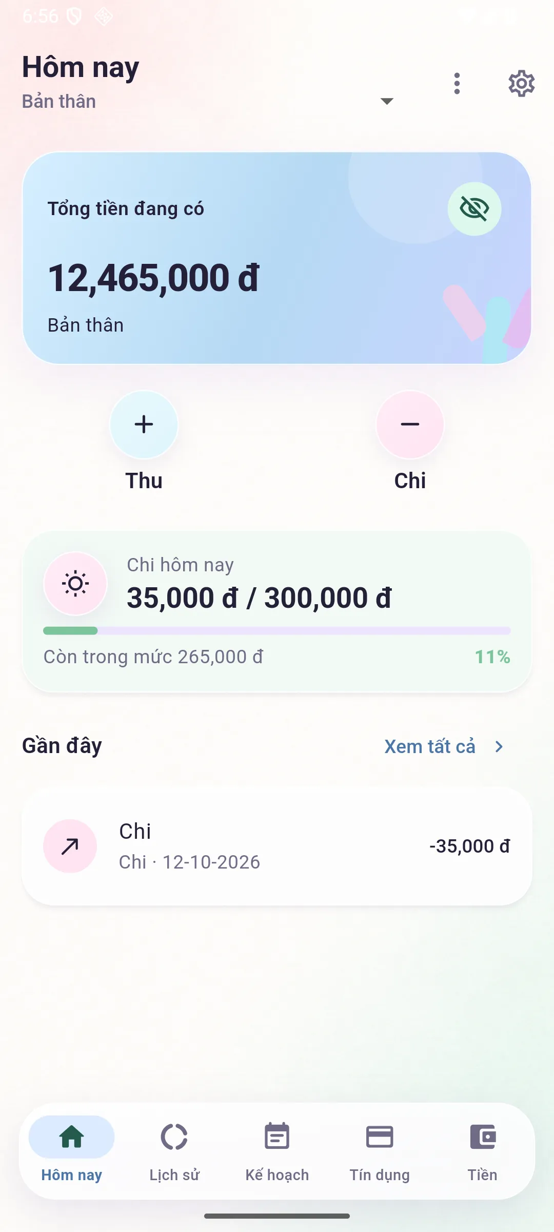 Actual Vinha daily overview in the glacier-blue theme with sample balance and spending limit